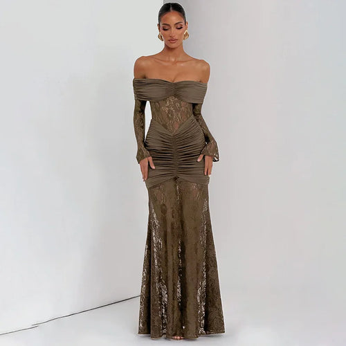 Pleated Slim Bodycon Maxi Long Dress Women off Shoulder 2025 Autumn Winter Dress Lace Patchwork Sexy Party Dresses