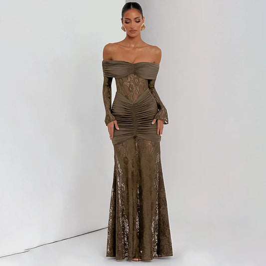Pleated Slim Bodycon Maxi Long Dress Women off Shoulder 2025 Autumn Winter Dress Lace Patchwork Sexy Party Dresses
