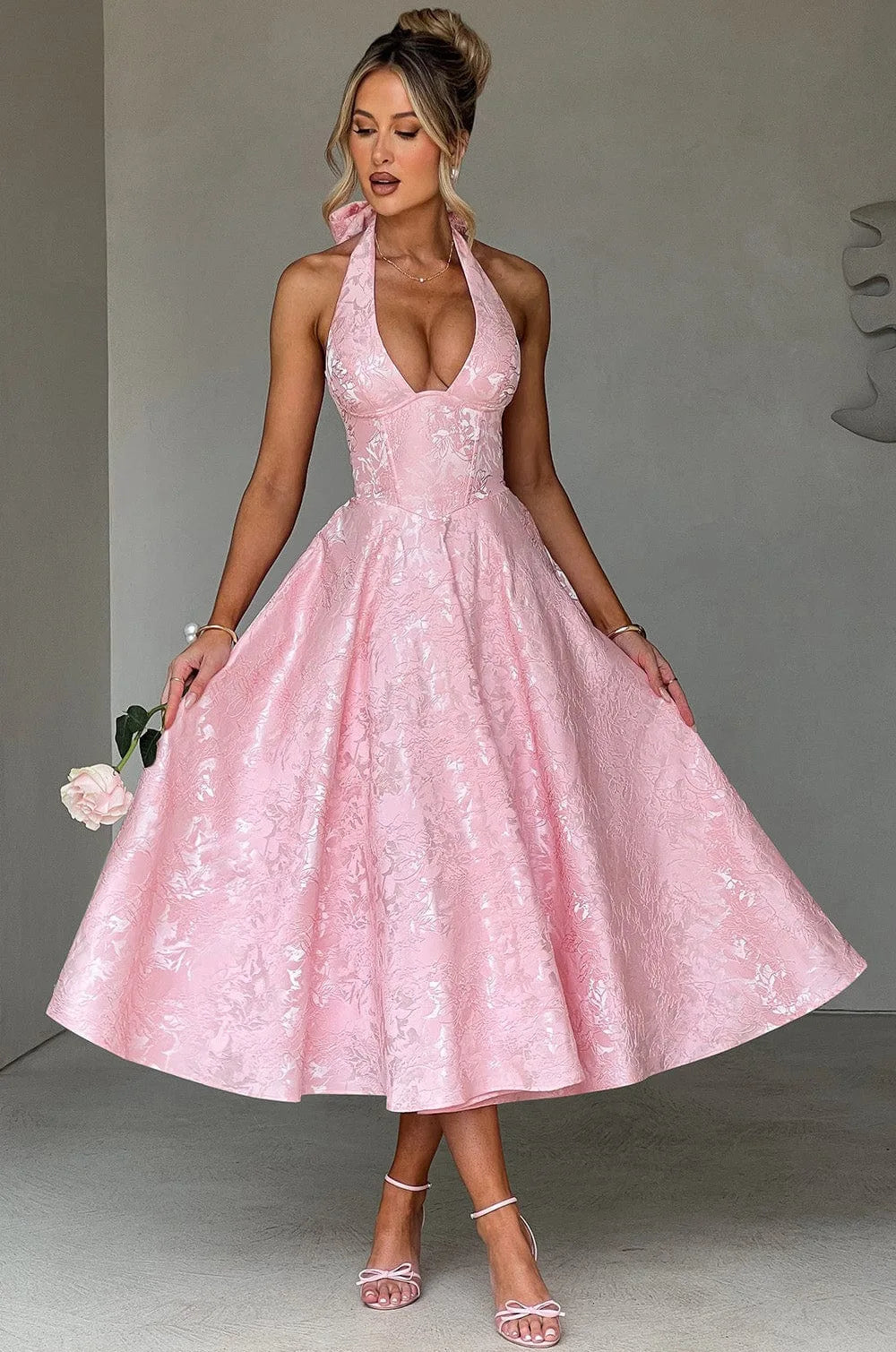 Yellow Jacquard Corset Long Dress for Women V Neck Halter Bow Summer Evening Birthday Dresses Pink White 2025 New Wedding Guest
