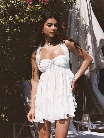 Metal Starfish Decoration Dress Women Halter Low-Neck Ruffles Irregular Hem Backless Sleeveless Vacation Mini Bodycon