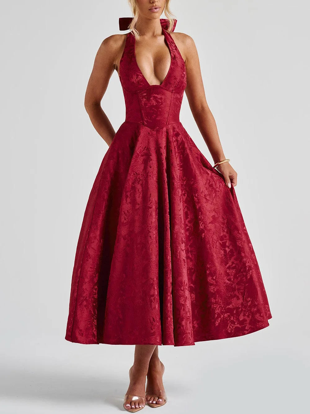 Yellow Jacquard Corset Long Dress for Women V Neck Halter Bow Summer Evening Birthday Dresses Pink White 2025 New Wedding Guest