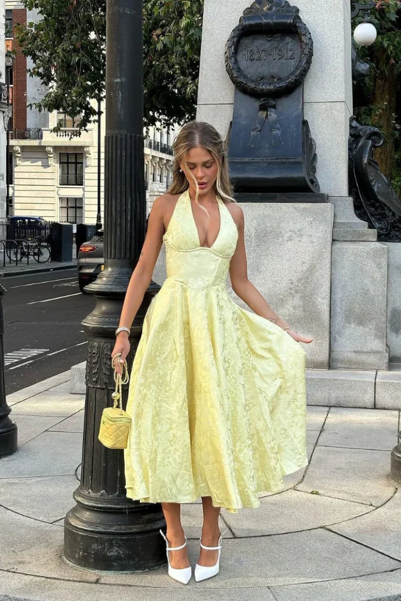 Yellow Jacquard Corset Long Dress for Women V Neck Halter Bow Summer Evening Birthday Dresses Pink White 2025 New Wedding Guest