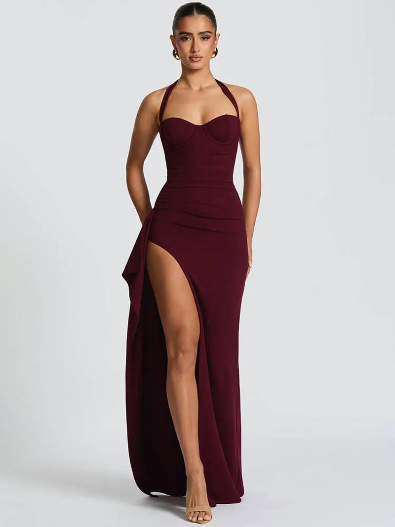 Halter Backless Sexy Maxi Dress Women Fashion Lace-Up Sleeveless High Waist Thigh High Split Bodycon Evening Club Dress
