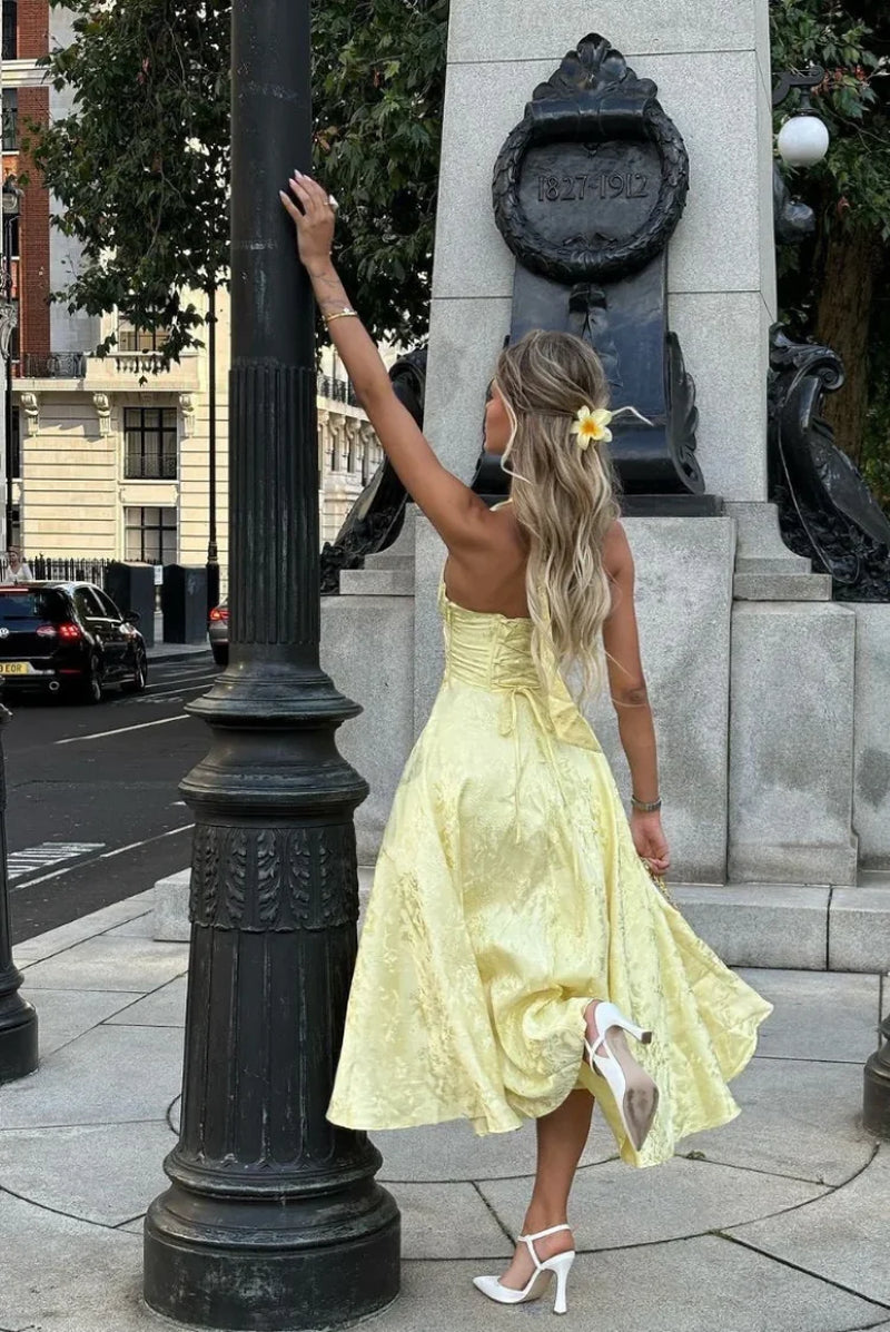 Yellow Jacquard Corset Long Dress for Women V Neck Halter Bow Summer Evening Birthday Dresses Pink White 2025 New Wedding Guest