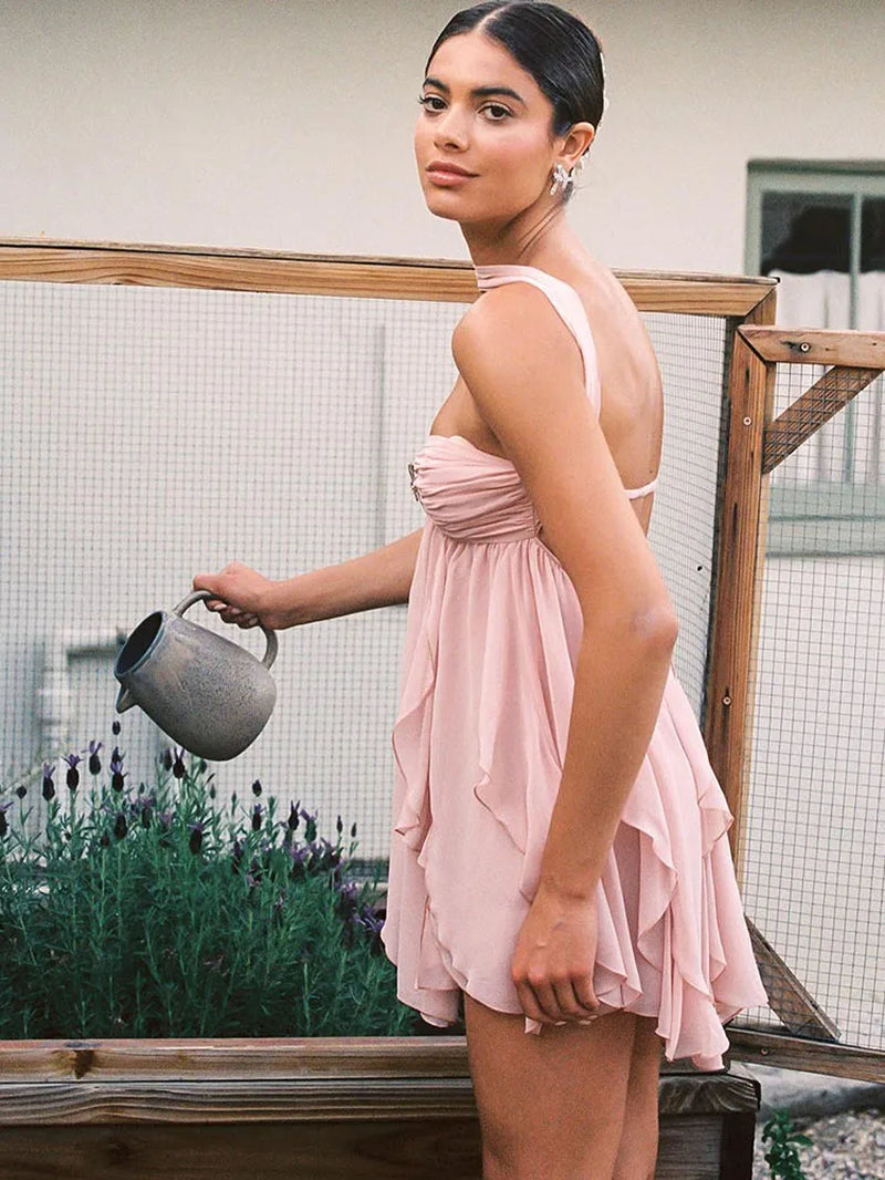 Metal Starfish Decoration Dress Women Halter Low-Neck Ruffles Irregular Hem Backless Sleeveless Vacation Mini Bodycon