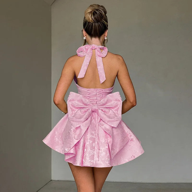 Yellow Jacquard Corset Long Dress for Women V Neck Halter Bow Summer Evening Birthday Dresses Pink White 2025 New Wedding Guest