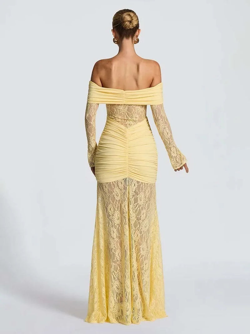 Pleated Slim Bodycon Maxi Long Dress Women off Shoulder 2025 Autumn Winter Dress Lace Patchwork Sexy Party Dresses
