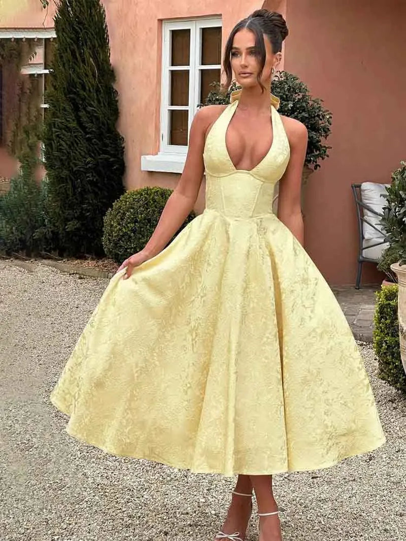 Yellow Jacquard Corset Long Dress for Women V Neck Halter Bow Summer Evening Birthday Dresses Pink White 2025 New Wedding Guest