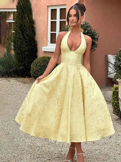 Yellow Jacquard Corset Long Dress for Women V Neck Halter Bow Summer Evening Birthday Dresses Pink White 2025 New Wedding Guest