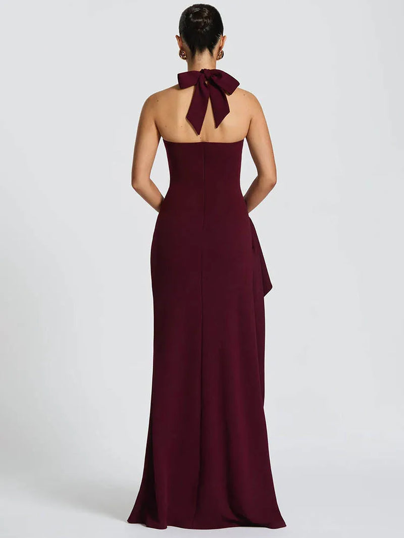 Halter Backless Sexy Maxi Dress Women Fashion Lace-Up Sleeveless High Waist Thigh High Split Bodycon Evening Club Dress