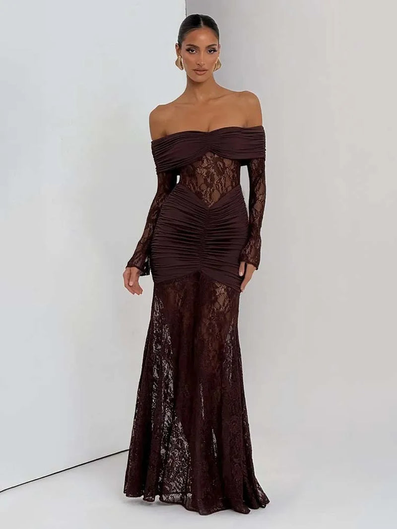 Pleated Slim Bodycon Maxi Long Dress Women off Shoulder 2025 Autumn Winter Dress Lace Patchwork Sexy Party Dresses