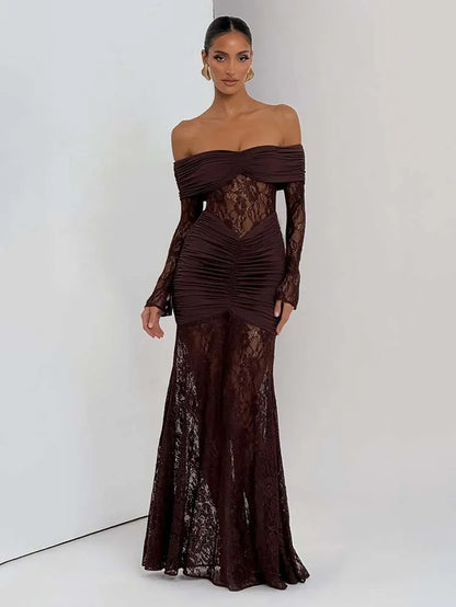 Pleated Slim Bodycon Maxi Long Dress Women off Shoulder 2025 Autumn Winter Dress Lace Patchwork Sexy Party Dresses